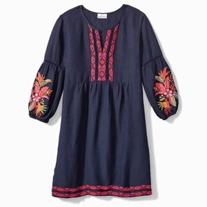 TOMMY BAHAMA St. Lucia Navy Linen-Blend Tropical Embroidered Dress XS